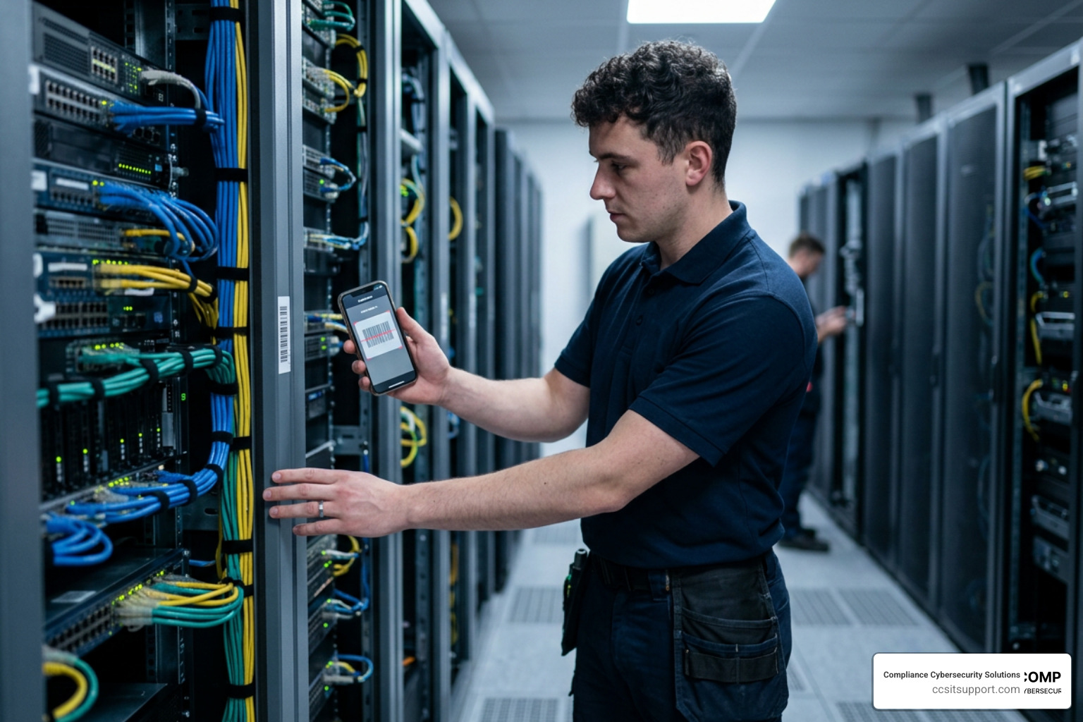 Technician scanning barcode on server rack using mobile app