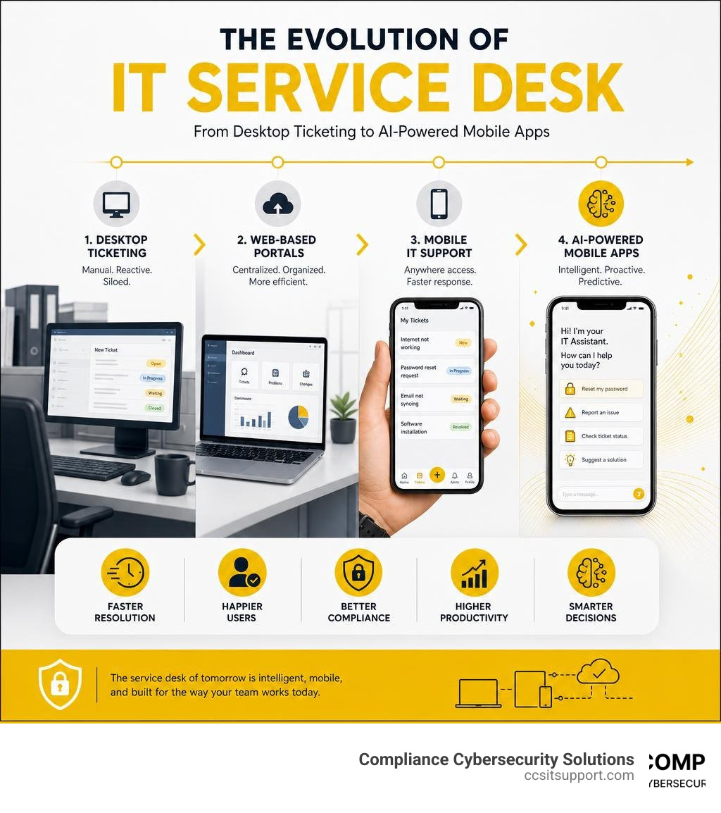 Evolution of IT service desk from desktop ticketing to AI-powered mobile apps infographic infographic
