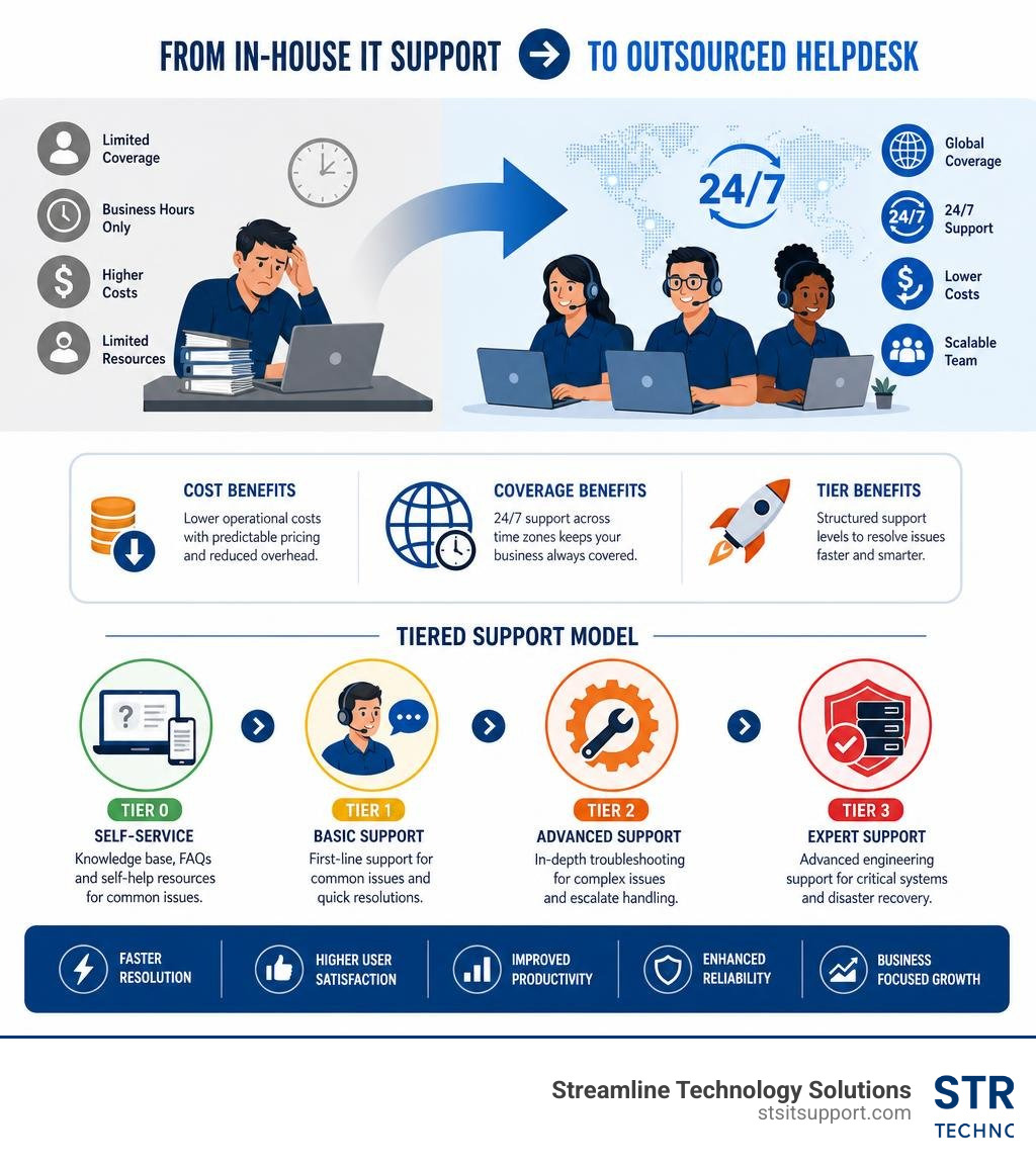 Infographic showing transition from in-house IT support to outsourced helpdesk with cost, coverage, and tier benefits Infographic showing transition from in-house IT support to outsourced helpdesk with cost, coverage, and tier benefits