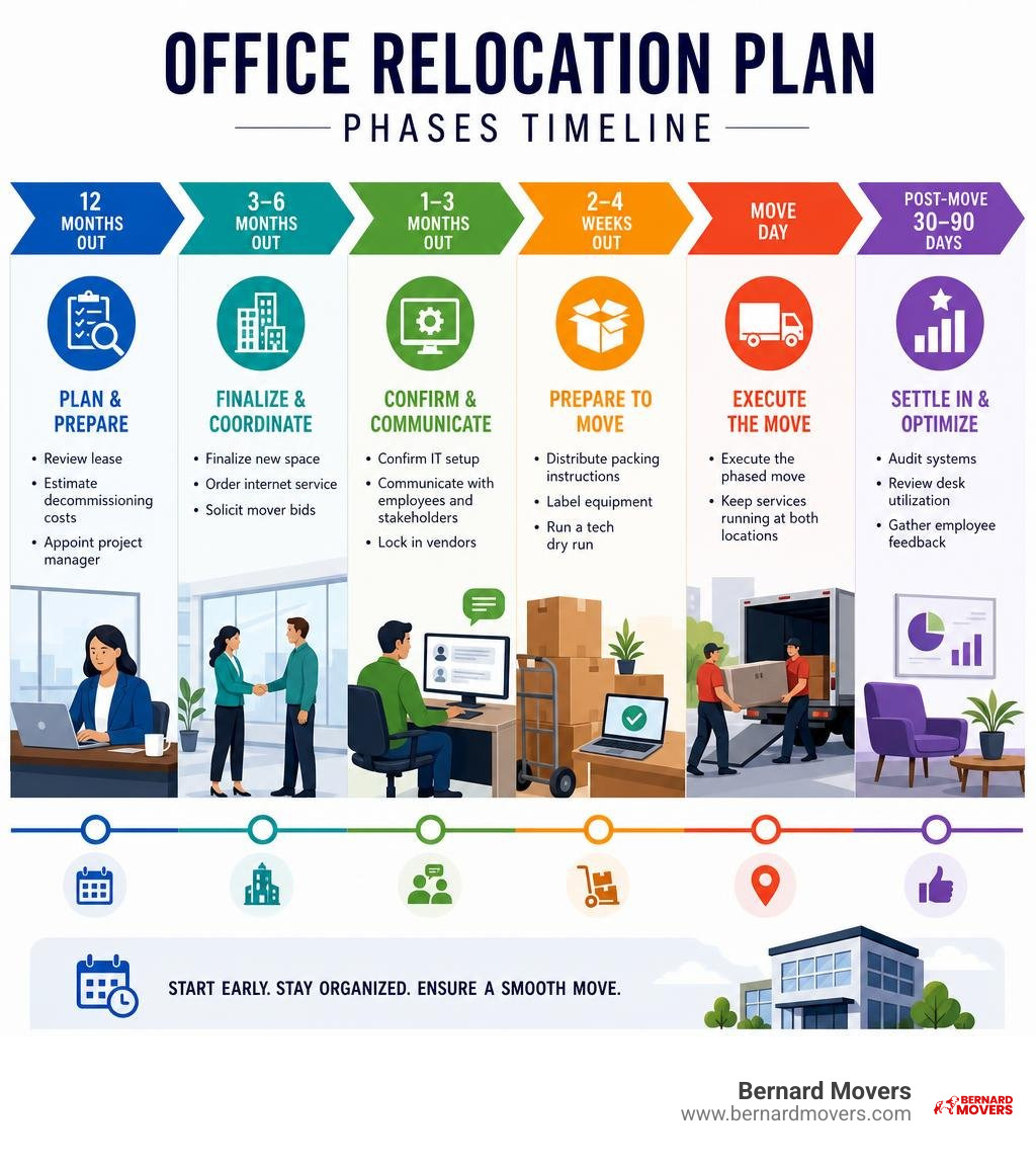 Office relocation plan phases timeline from 12 months out to post-move infographic Office relocation plan phases timeline from 12 months out to post-move infographic