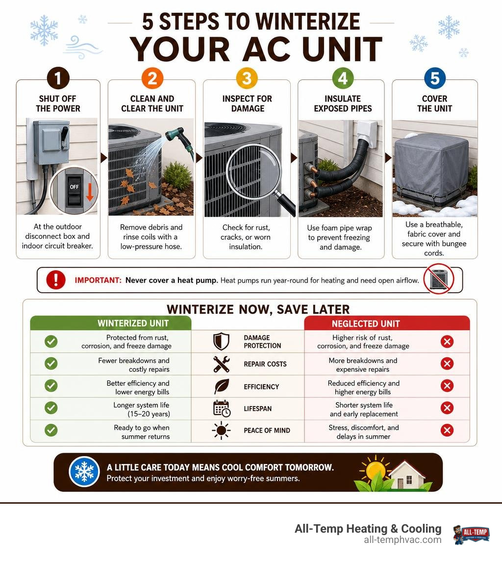 Infographic showing 5 steps to winterize AC unit with benefits comparison chart infographic