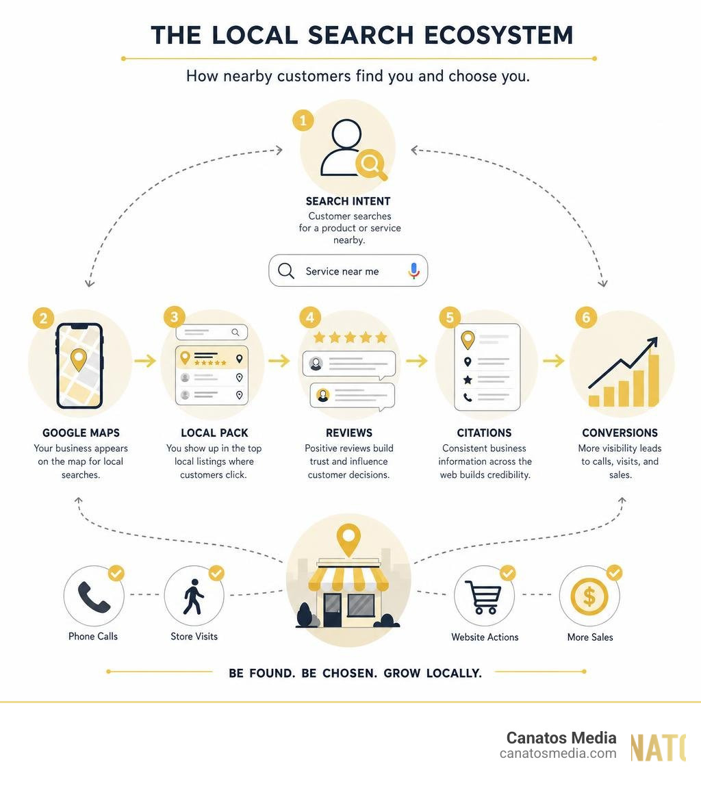 infographic showing the local search ecosystem: search intent, Google Maps, Local Pack, reviews, citations, and conversions infographic showing the local search ecosystem: search intent, Google Maps, Local Pack, reviews, citations, and conversions