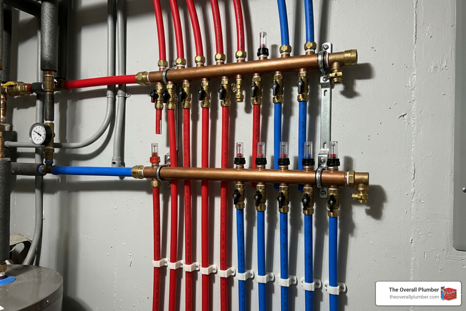Modern PEX plumbing manifold showing hot and cold water distribution lines Modern PEX plumbing manifold showing hot and cold water distribution lines