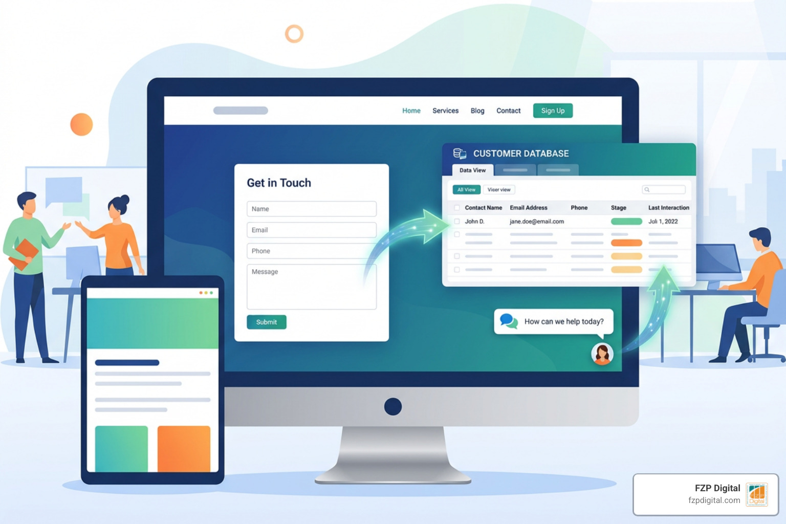Approachable graphic of a modern WordPress website displaying a sleek live chat widget and a contact form syncing data in Approachable graphic of a modern WordPress website displaying a sleek live chat widget and a contact form syncing data in