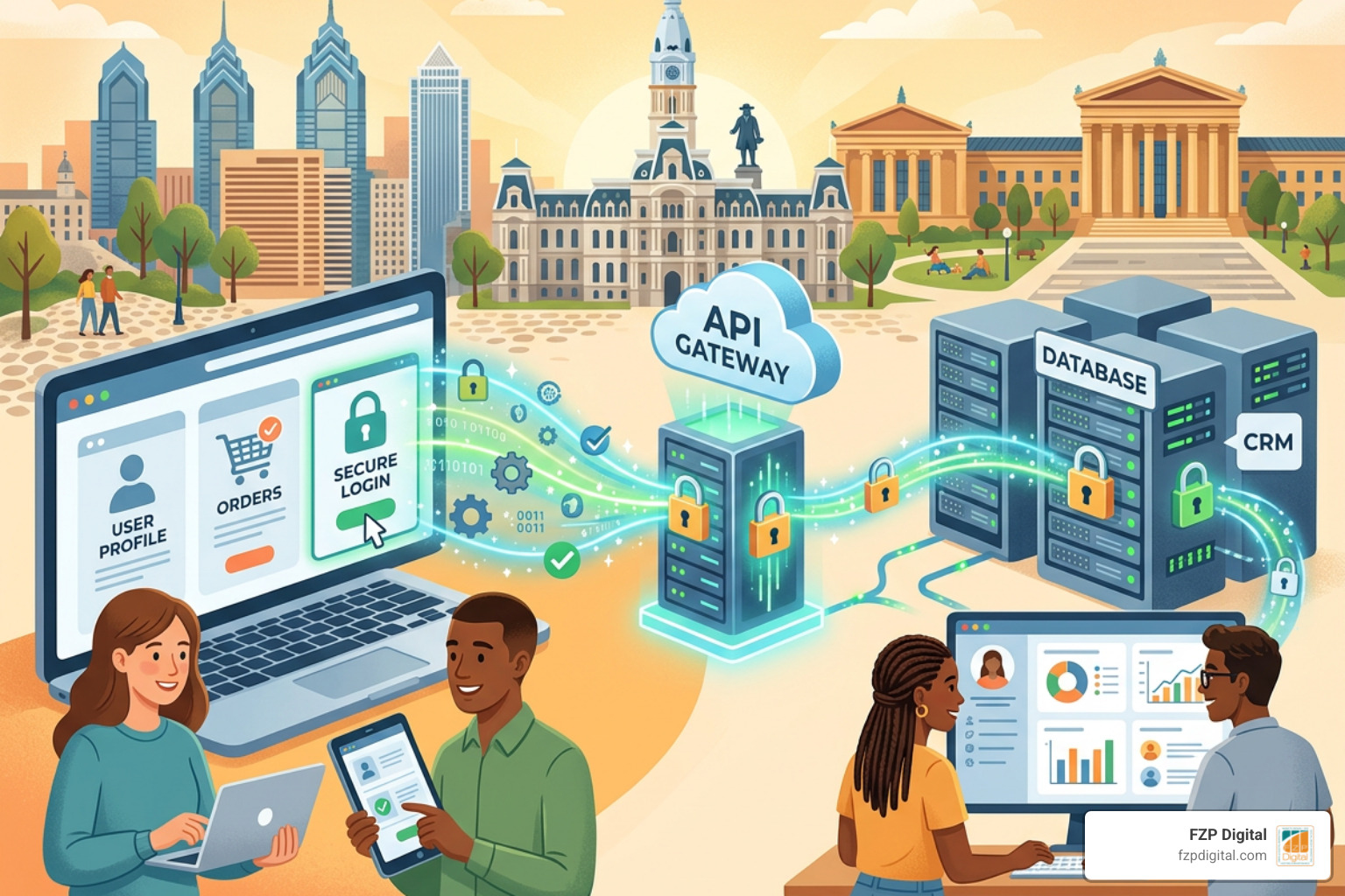 Bright, warm, and inviting illustration displaying secure API data flow between a beautifully designed website and a Bright, warm, and inviting illustration displaying secure API data flow between a beautifully designed website and a