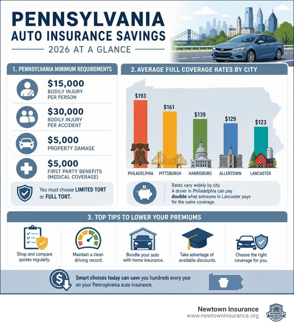 Pennsylvania auto insurance savings infographic: minimum requirements, average rates by city, and top tips to lower premiums Pennsylvania auto insurance savings infographic: minimum requirements, average rates by city, and top tips to lower premiums