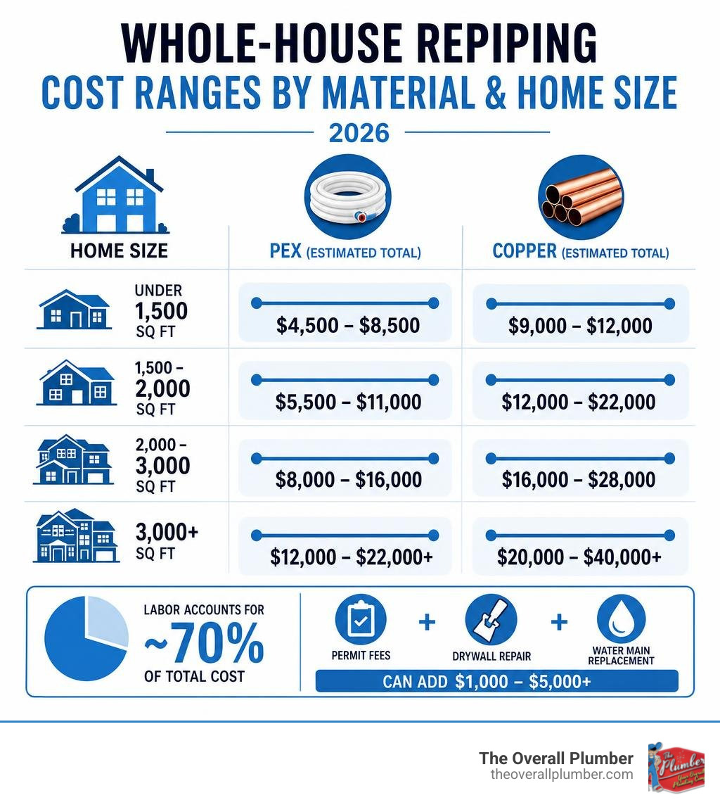 Infographic showing whole-house repiping cost ranges by material and home size in 2026 infographic Infographic showing whole-house repiping cost ranges by material and home size in 2026 infographic