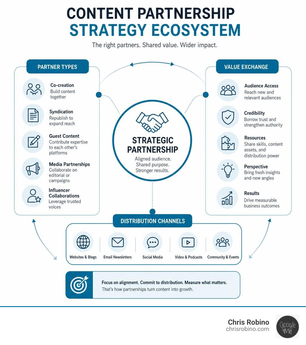 Content partnership strategy ecosystem showing partner types, value exchange, and distribution channels infographic