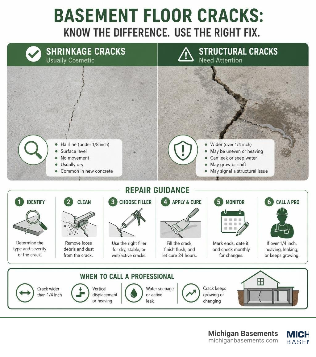 Infographic showing difference between shrinkage cracks and structural basement floor cracks with repair guidance infographic