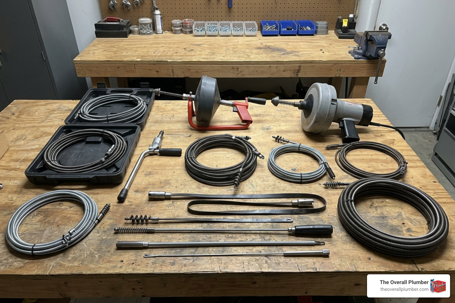 A collection of different household plumbing snakes on a workshop table A collection of different household plumbing snakes on a workshop table