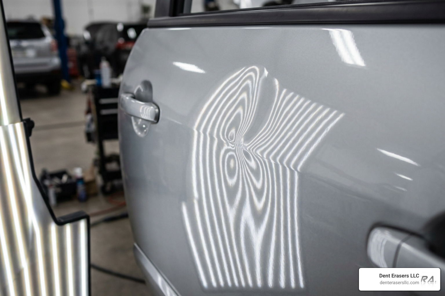 LED line board reflecting on a car door to show dent contour lines Led Line Board Reflecting On A Car Door To Show Dent Contour Lines