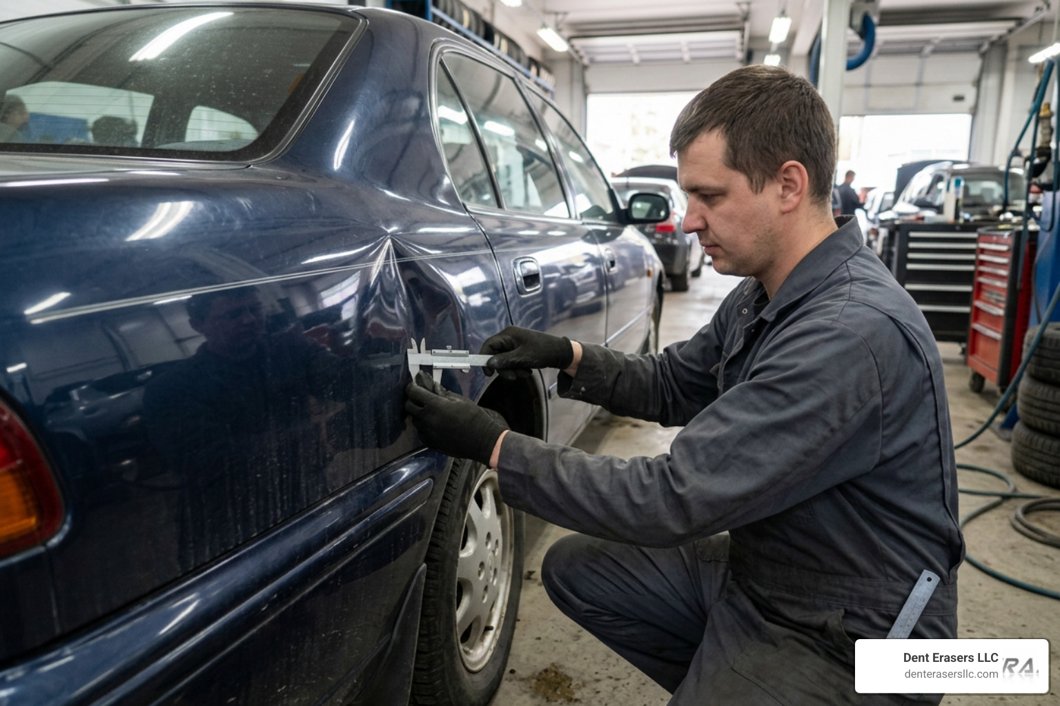Technician measuring a large dent on a vehicle panel to assess metal stretch Technician Measuring A Large Dent On A Vehicle Panel To Assess Metal Stretch