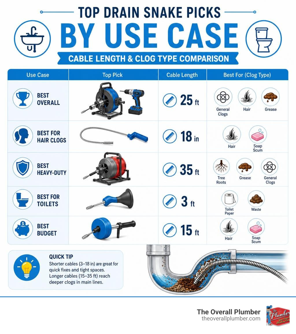 Infographic showing top drain snake picks by use case with cable length and clog type comparison infographic Infographic showing top drain snake picks by use case with cable length and clog type comparison infographic