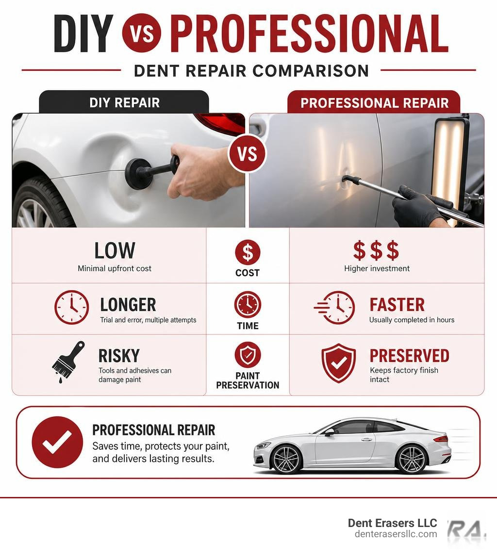 DIY vs professional dent repair comparison infographic showing costs, time, and paint preservation infographic Diy Vs Professional Dent Repair Comparison Infographic Showing Costs, Time, And Paint Preservation Infographic