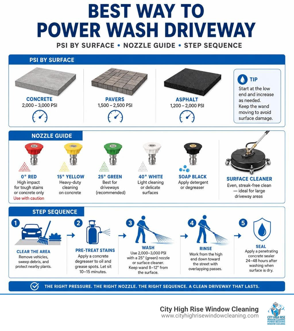 Infographic: best way to power wash driveway — PSI by surface, nozzle guide, step sequence infographic Infographic: best way to power wash driveway — PSI by surface, nozzle guide, step sequence infographic