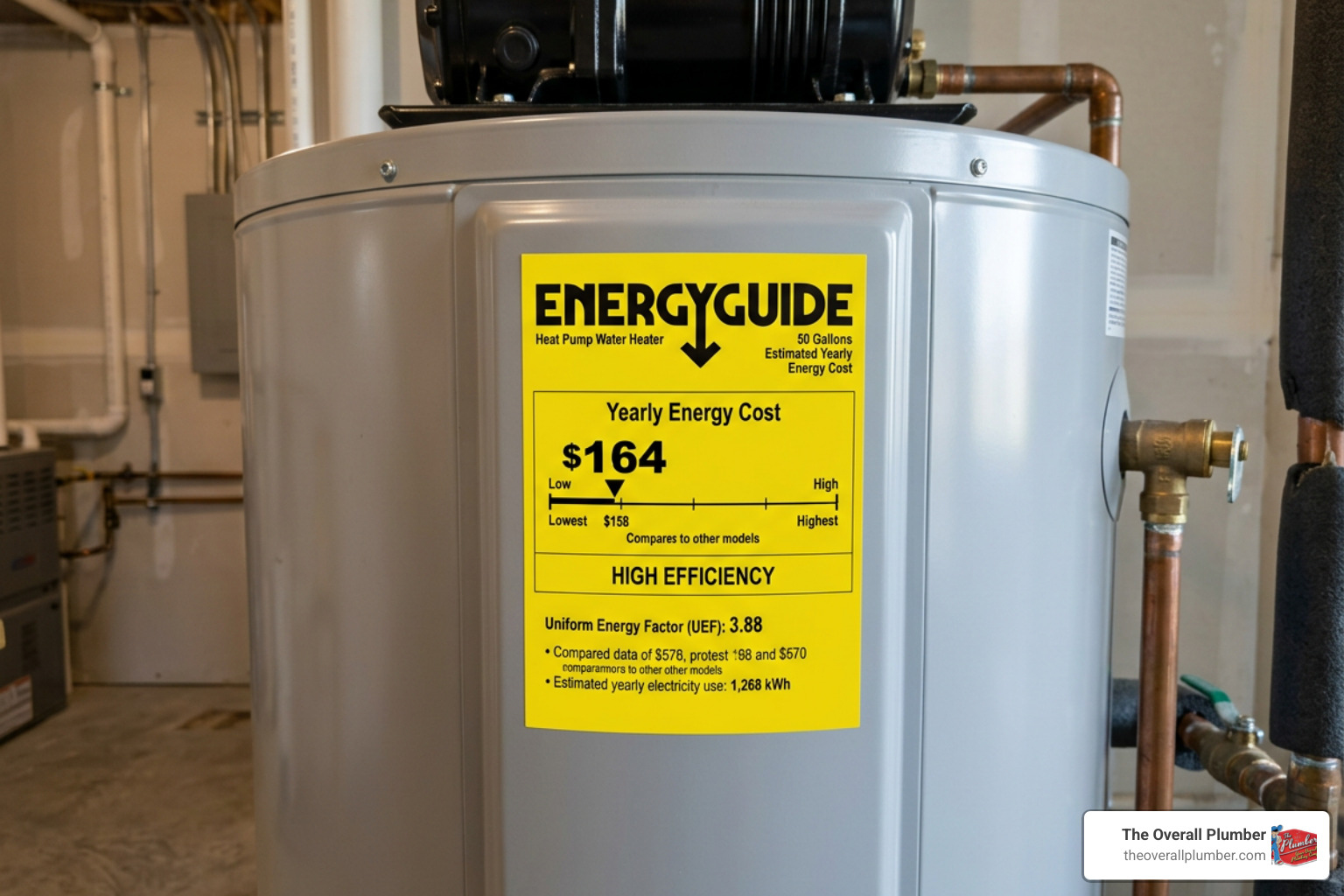 Energy guide label showing high efficiency of heat pump water heater Energy guide label showing high efficiency of heat pump water heater
