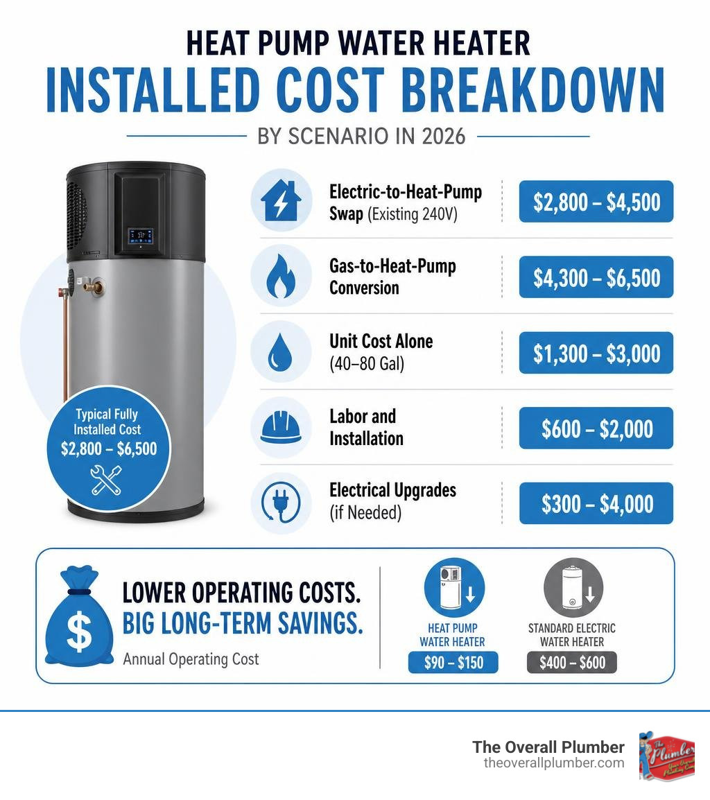 Infographic showing heat pump water heater installed cost breakdown by scenario in 2026 infographic Infographic showing heat pump water heater installed cost breakdown by scenario in 2026 infographic