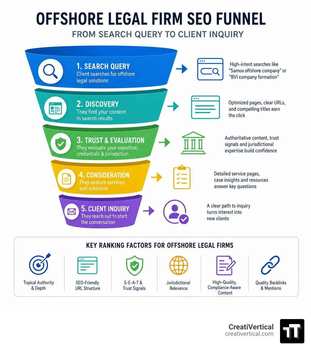 Offshore legal firm SEO funnel from search query to client inquiry with key ranking factors infographic