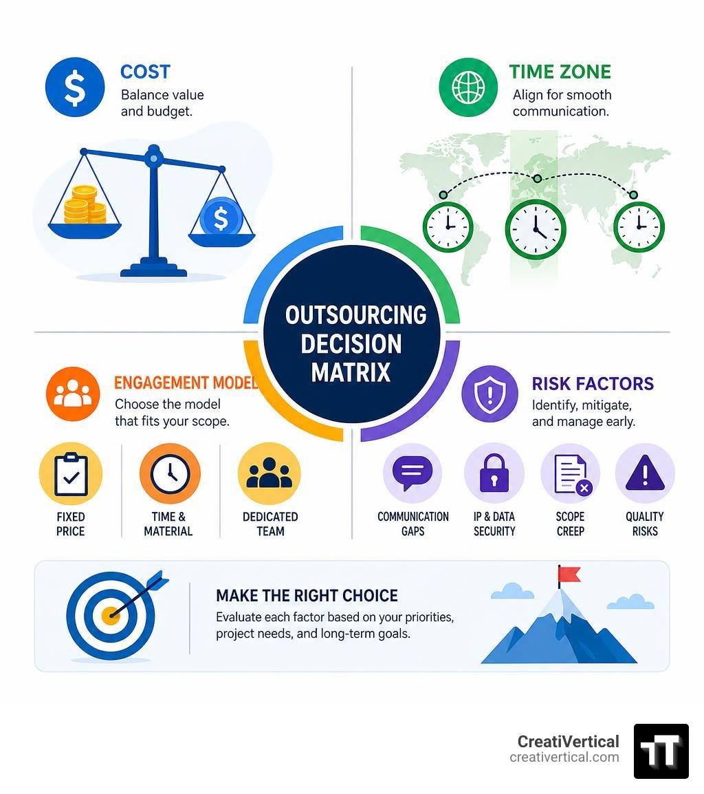 Outsourcing decision matrix showing cost, time zone, engagement model, and risk factors infographic