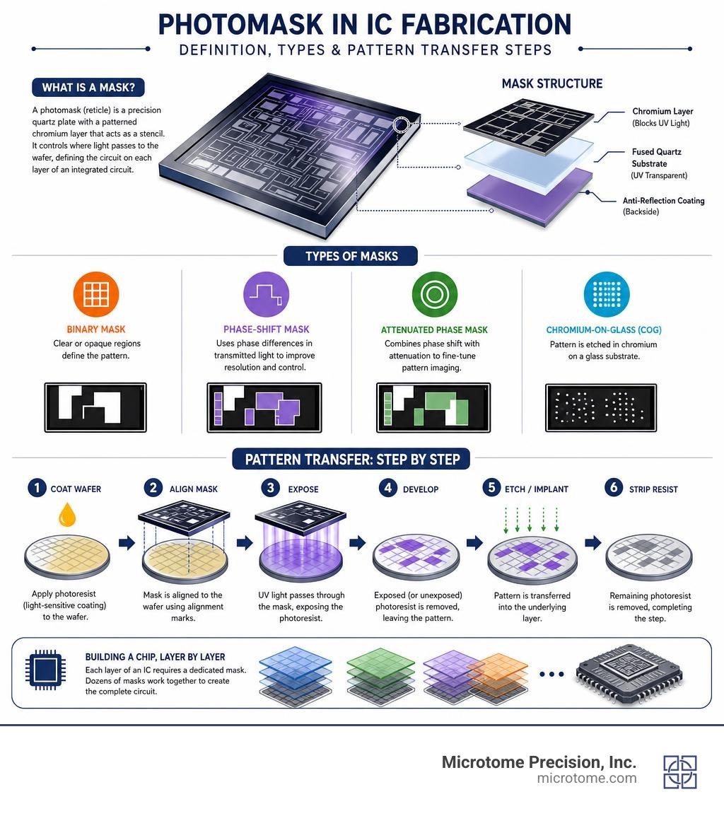 Infographic: photomask definition, types, and pattern transfer steps in IC fabrication infographic Infographic: photomask definition, types, and pattern transfer steps in IC fabrication infographic