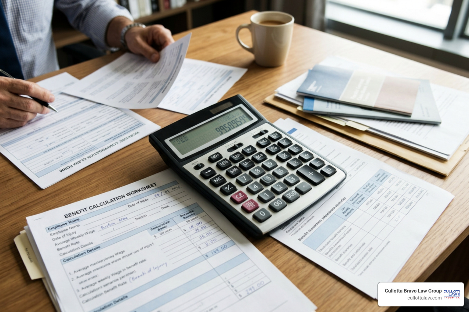 financial calculator and documents representing workers compensation benefit calculations