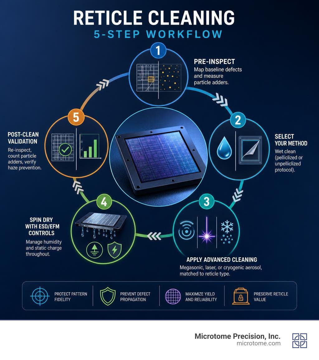 Reticle cleaning 5-step workflow infographic from pre-inspection to post-clean validation infographic