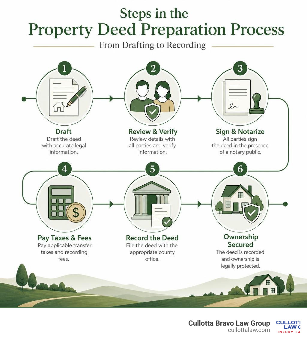 Steps in the property deed preparation process from drafting to recording infographic