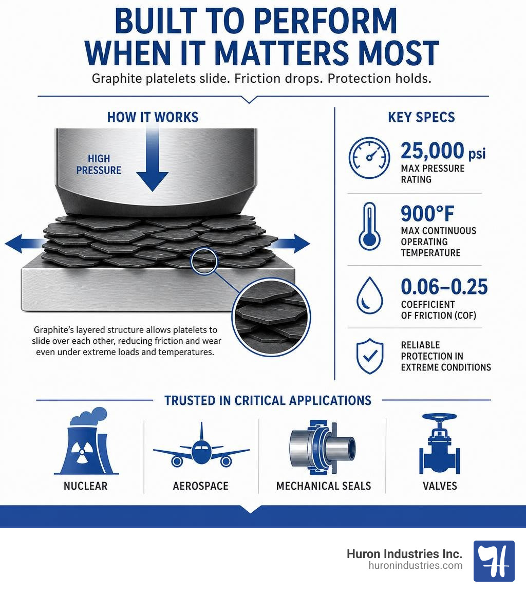 Infographic showing how graphite platelets slide under high pressure with key specs: 25000 psi, 900°F, COF 0.06–0.25 Infographic showing how graphite platelets slide under high pressure with key specs: 25000 psi, 900°F, COF 0.06–0.25
