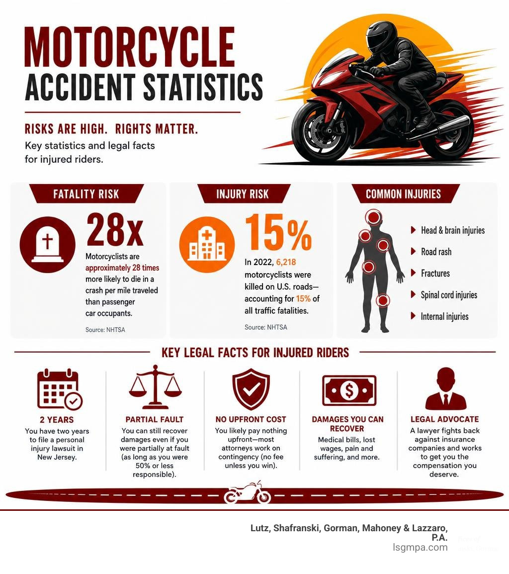 Motorcycle accident statistics infographic showing fatality rates, injury risks, and key legal facts for injured riders