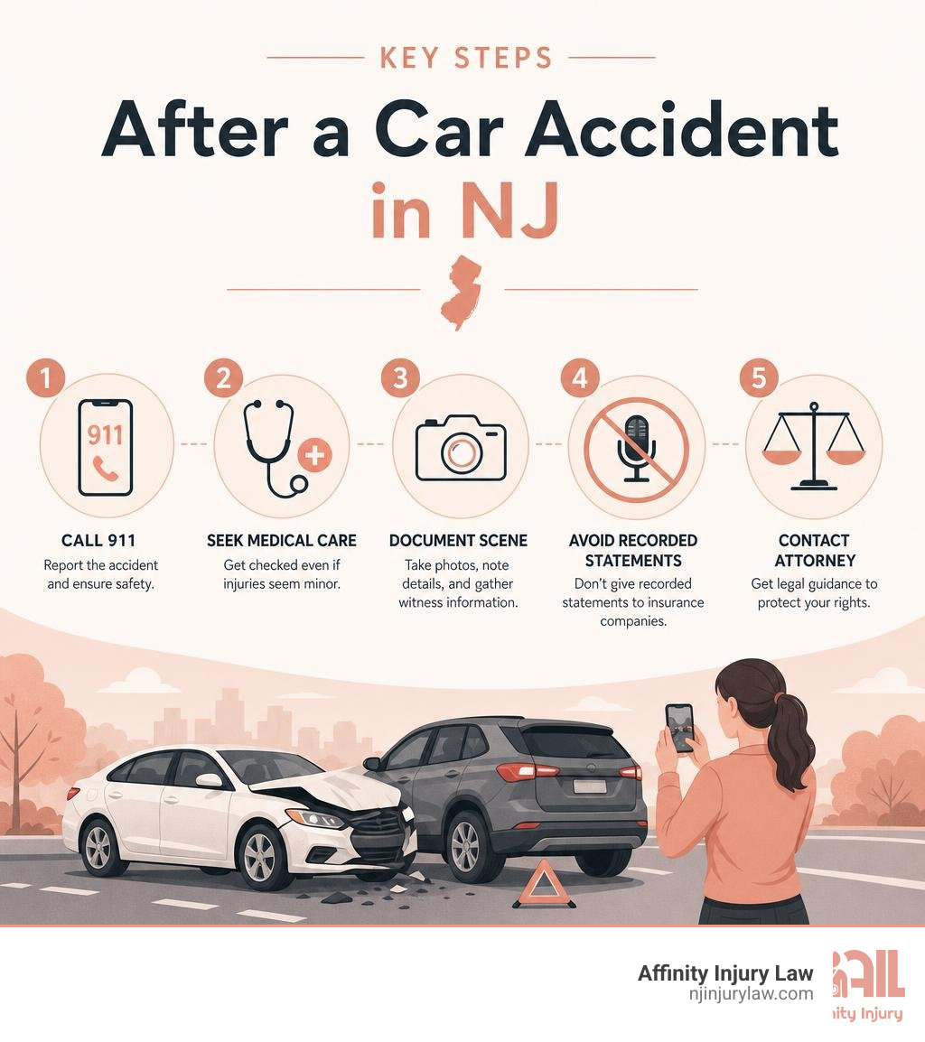 Infographic: Key steps after a car accident in NJ - call 911, seek medical care, document scene, avoid recorded statements Infographic: Key steps after a car accident in NJ - call 911, seek medical care, document scene, avoid recorded statements