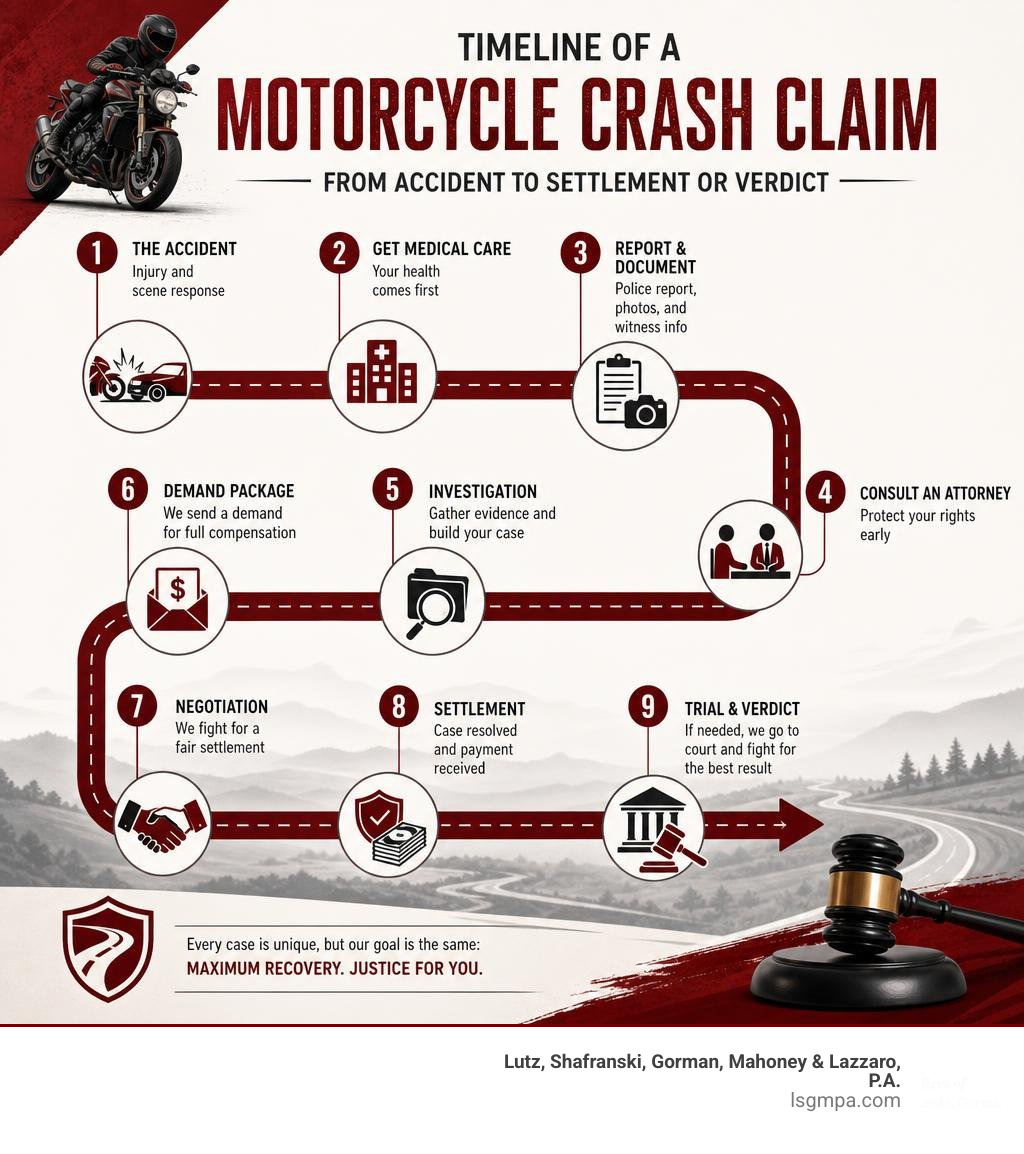 Timeline of a motorcycle crash claim from accident to settlement or verdict infographic Timeline of a motorcycle crash claim from accident to settlement or verdict infographic