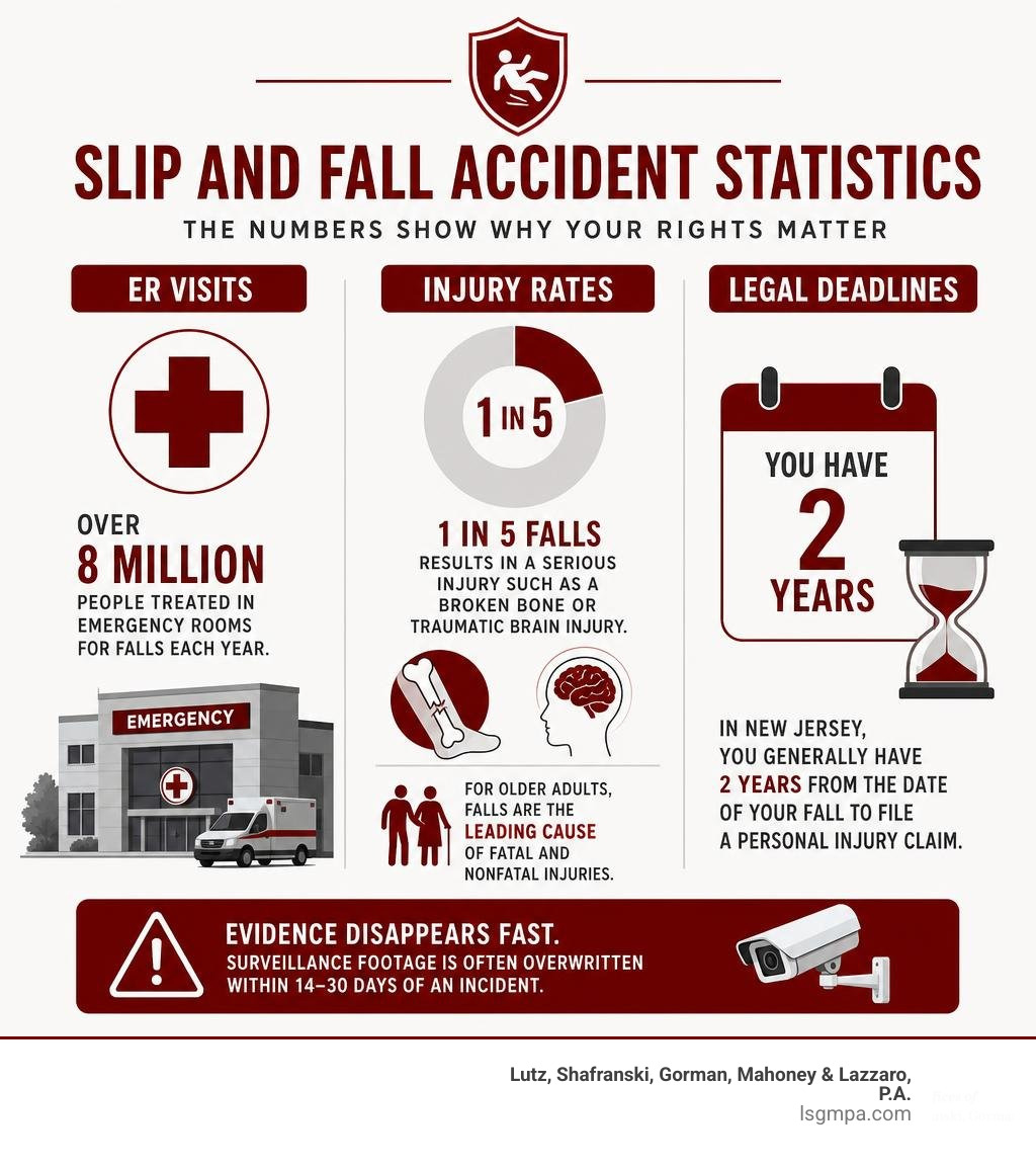 slip and fall accident statistics infographic showing ER visits, injury rates, and legal deadlines infographic