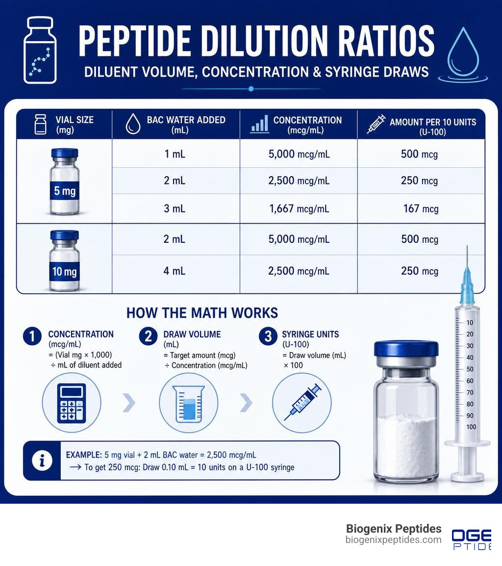 Infographic showing diluent volume vs concentration and syringe draw amounts for common peptide vial sizes infographic Infographic showing diluent volume vs concentration and syringe draw amounts for common peptide vial sizes infographic