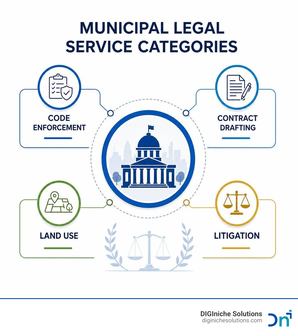 Chart showing municipal legal service categories: Code Enforcement, Contract Drafting, Land Use, and Litigation infographic