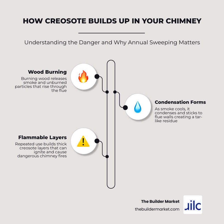 Infographic showing how creosote builds up in a chimney flue over time and why annual sweeping matters infographic