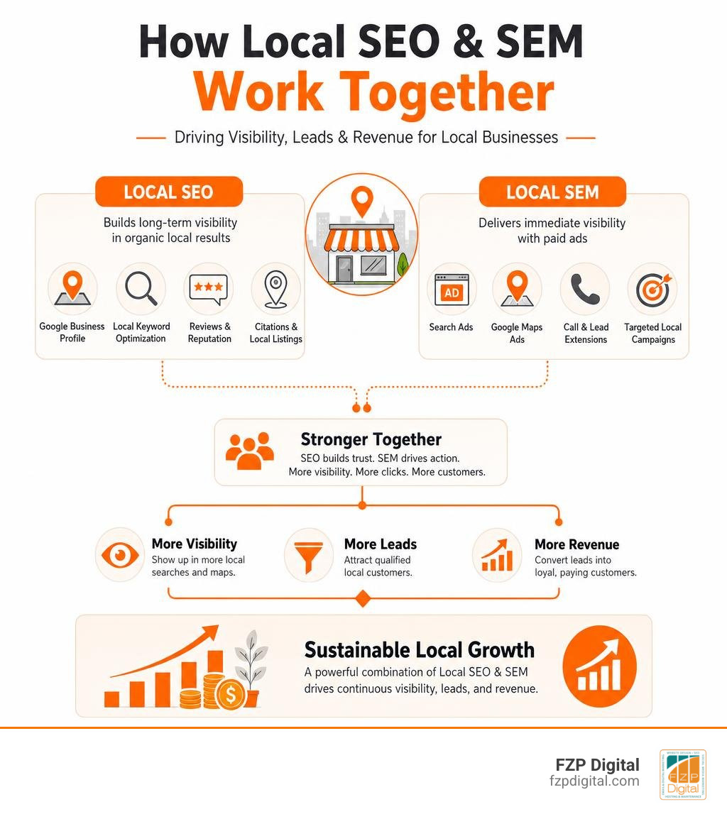 How local SEO and SEM work together to drive visibility leads and revenue for local businesses infographic How local SEO and SEM work together to drive visibility leads and revenue for local businesses infographic
