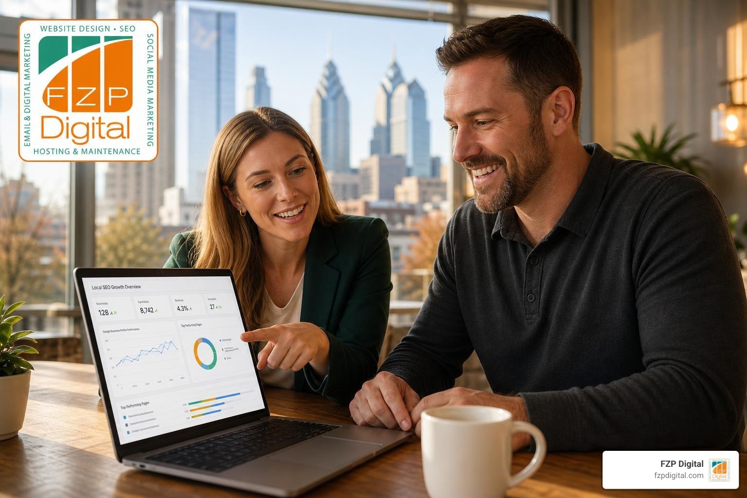 happy local business owner in Newtown PA reviewing digital marketing growth with FZP Digital partner happy local business owner in Newtown PA reviewing digital marketing growth with FZP Digital partner