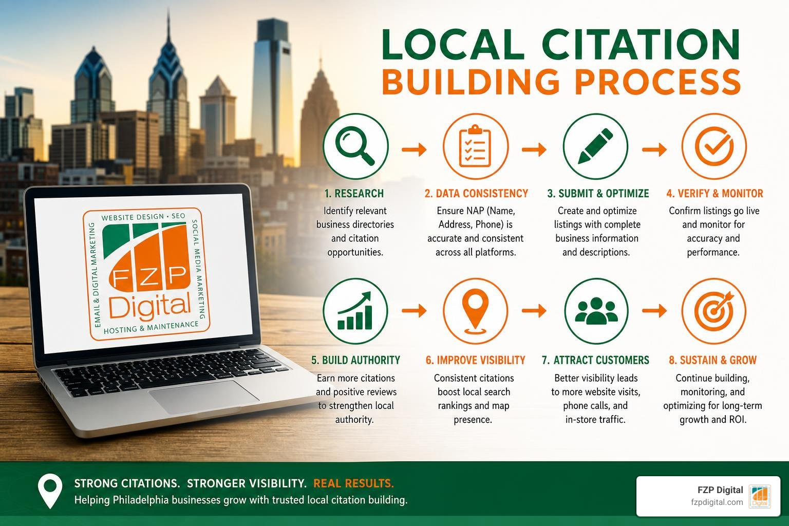local citation building process diagram with FZP Digital branding local citation building process diagram with FZP Digital branding