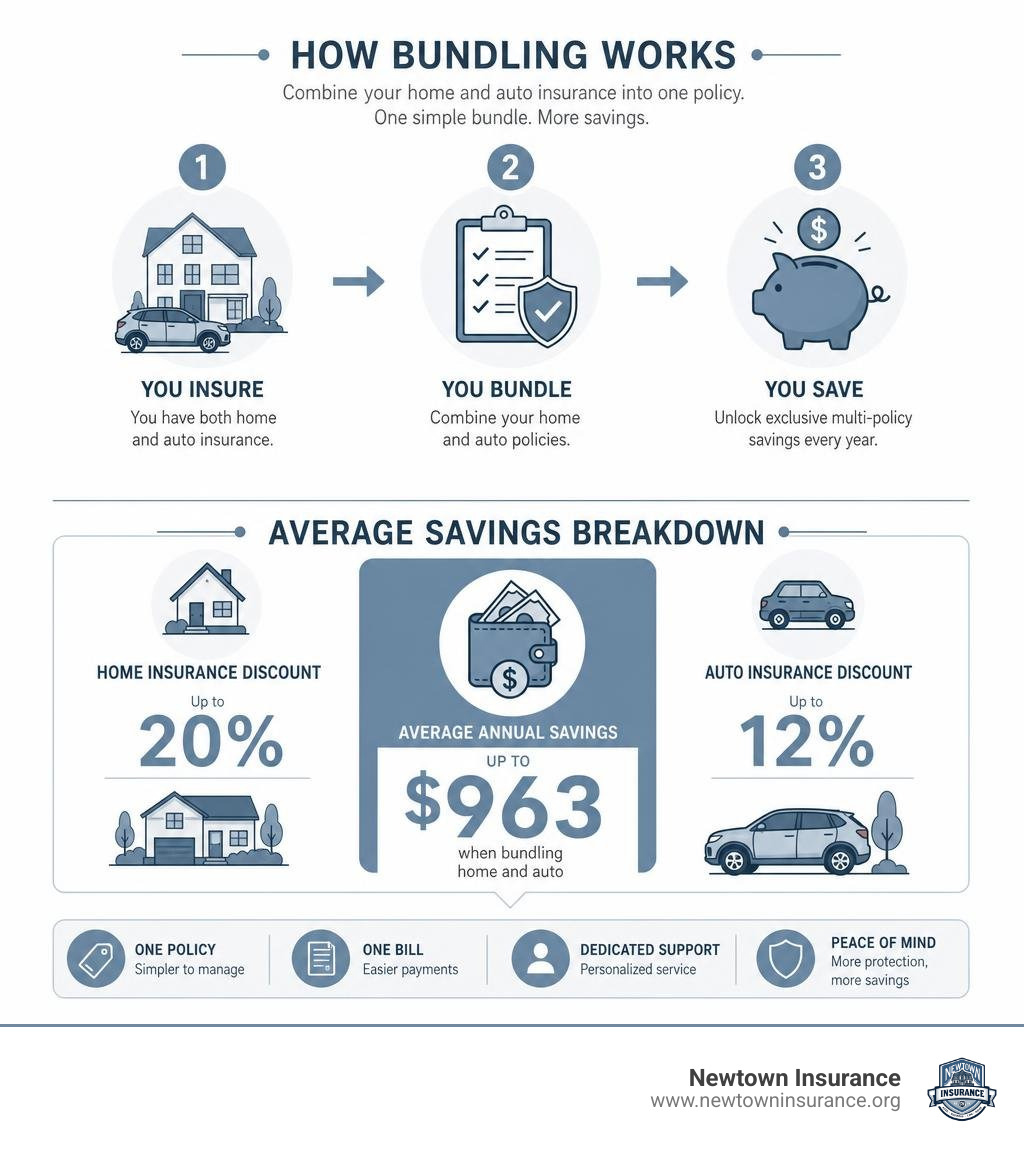 Infographic showing how AARP home and auto insurance bundling works and average savings breakdown infographic