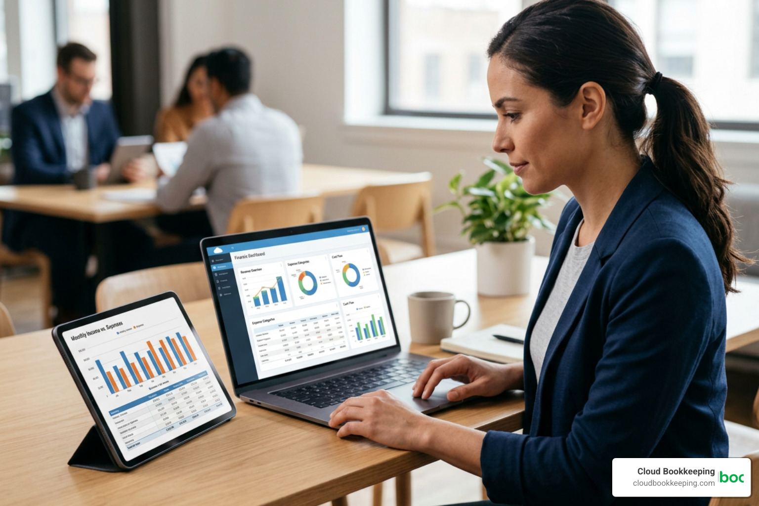Modern cloud accounting software displaying business financials on a tablet and laptop