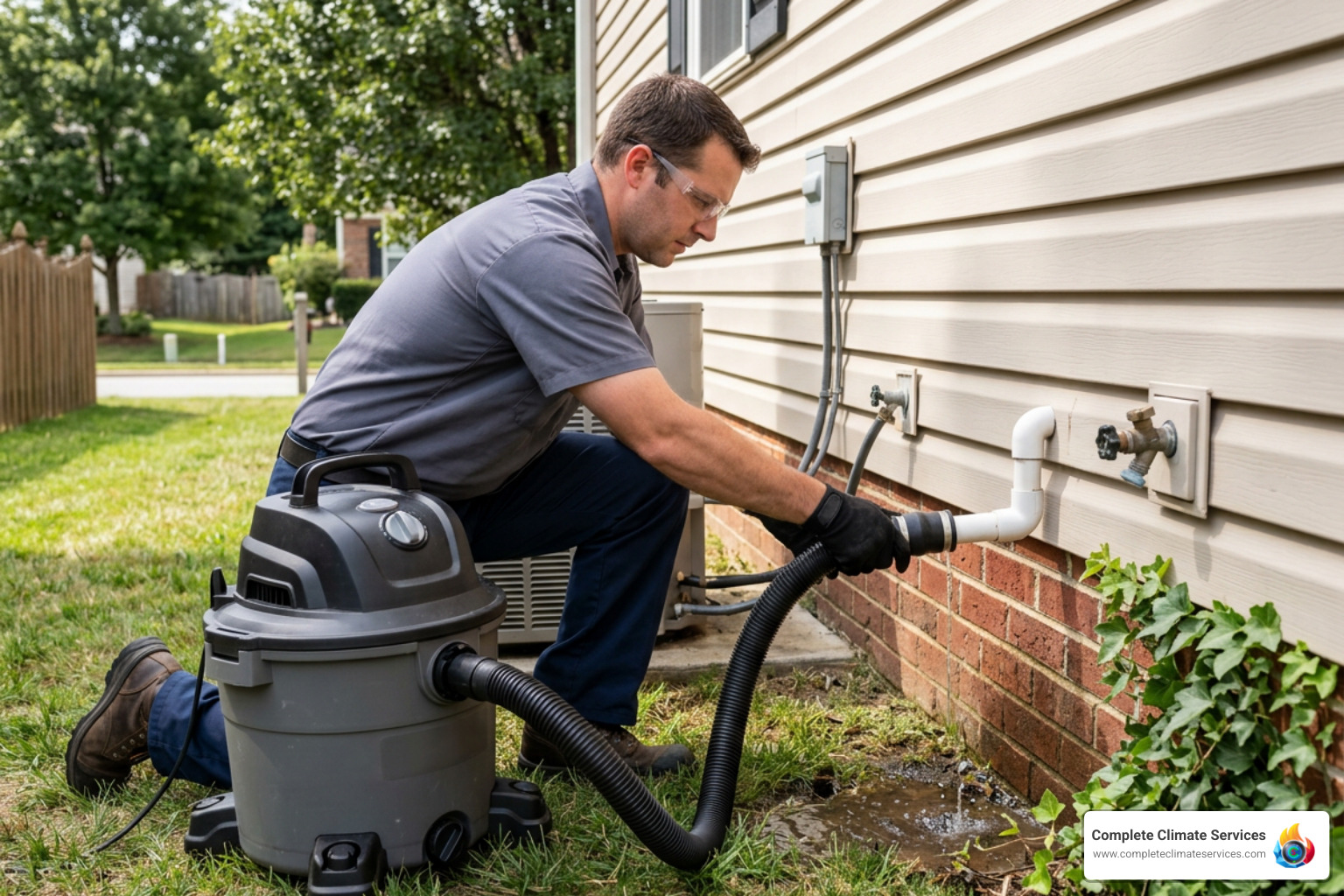 Using a wet/dry vacuum to clear the AC condensate drain line outdoor exit Using a wet/dry vacuum to clear the AC condensate drain line outdoor exit
