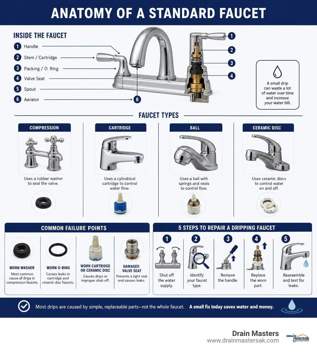 Anatomy of a standard faucet infographic with faucet types, common failure points, and repair steps infographic Anatomy of a standard faucet infographic with faucet types, common failure points, and repair steps infographic