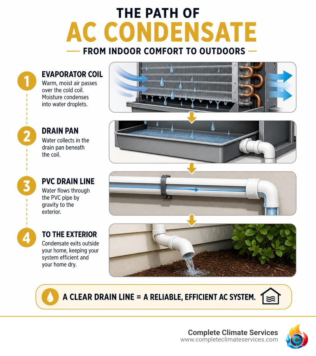Infographic showing the path of AC condensate from evaporator coil through drain pan and PVC line to exterior infographic Infographic showing the path of AC condensate from evaporator coil through drain pan and PVC line to exterior infographic