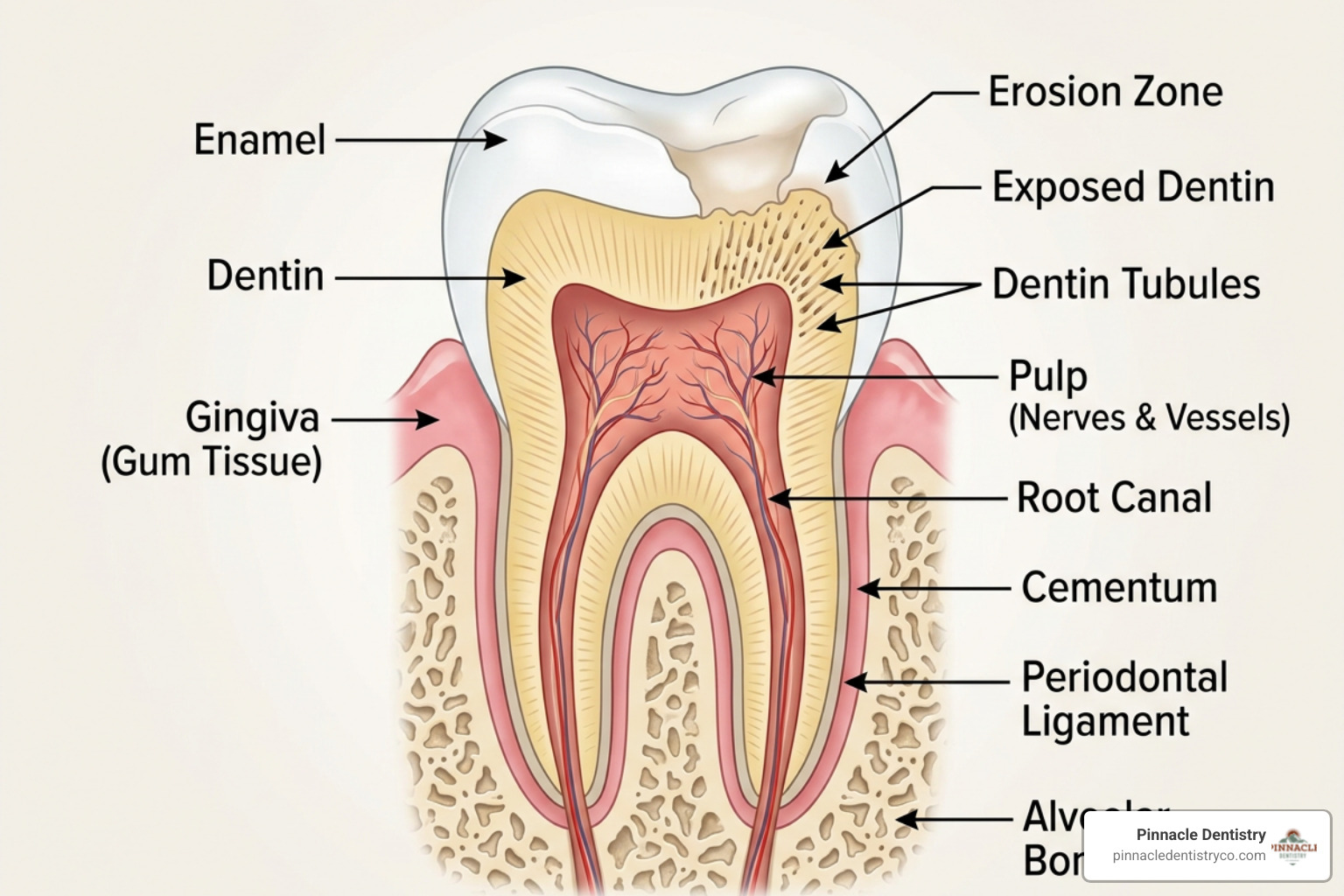 detailed illustration of tooth anatomy showing enamel erosion and exposed dentin tubules