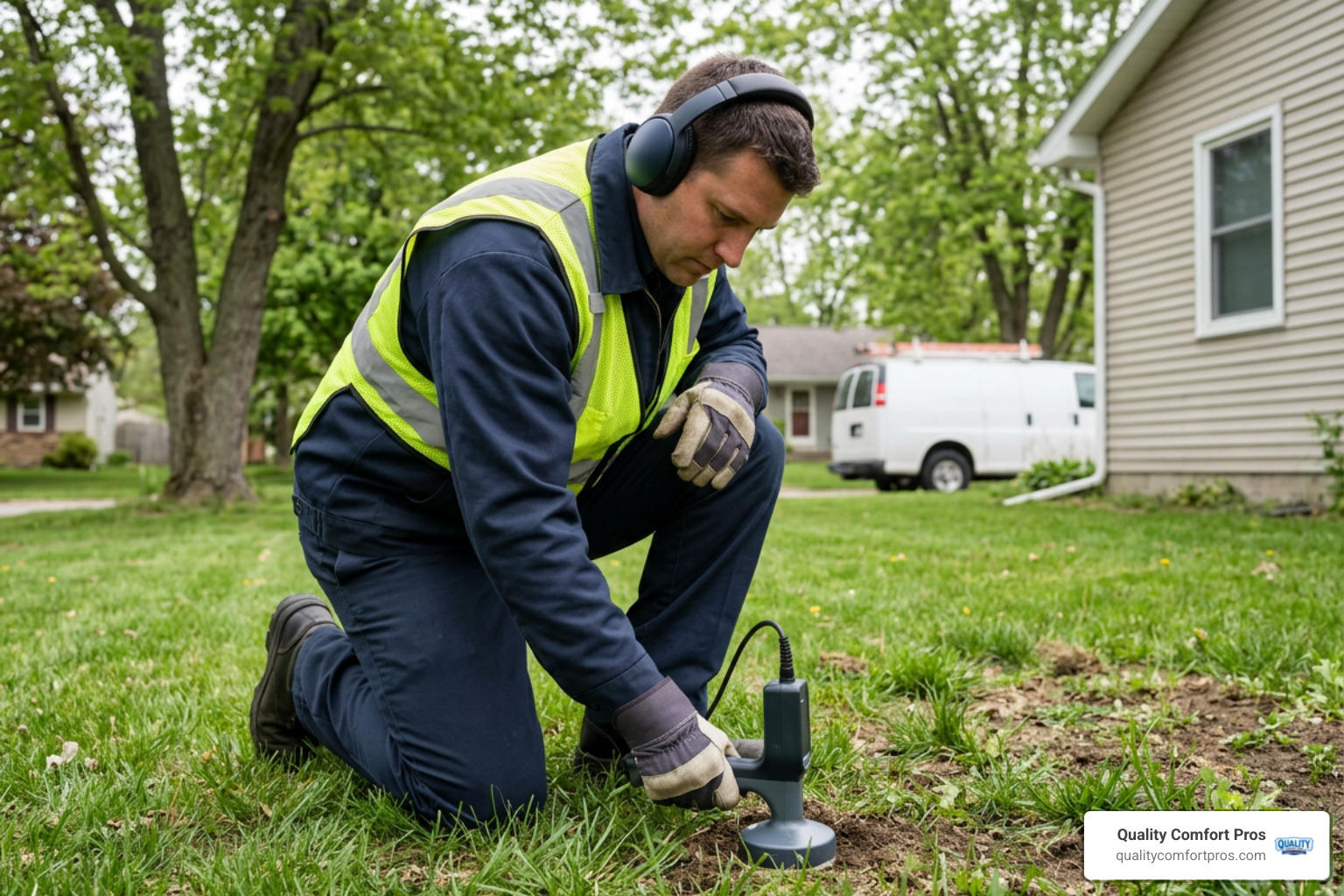 technician using a ground microphone to listen for underground pipe leaks technician using a ground microphone to listen for underground pipe leaks