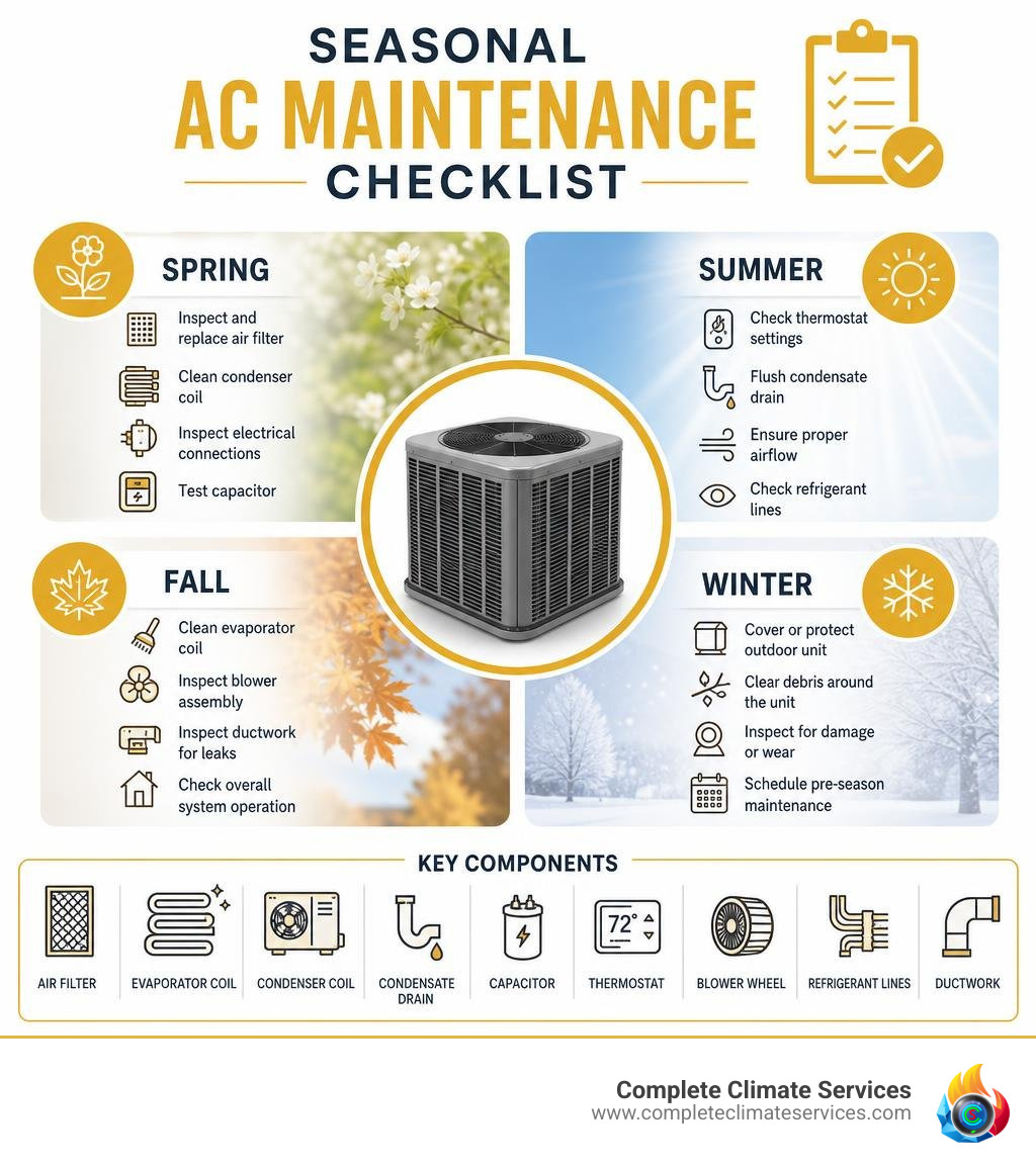 Seasonal AC maintenance checklist infographic showing spring, summer, fall, and winter tasks with key components infographic Seasonal AC maintenance checklist infographic showing spring, summer, fall, and winter tasks with key components infographic