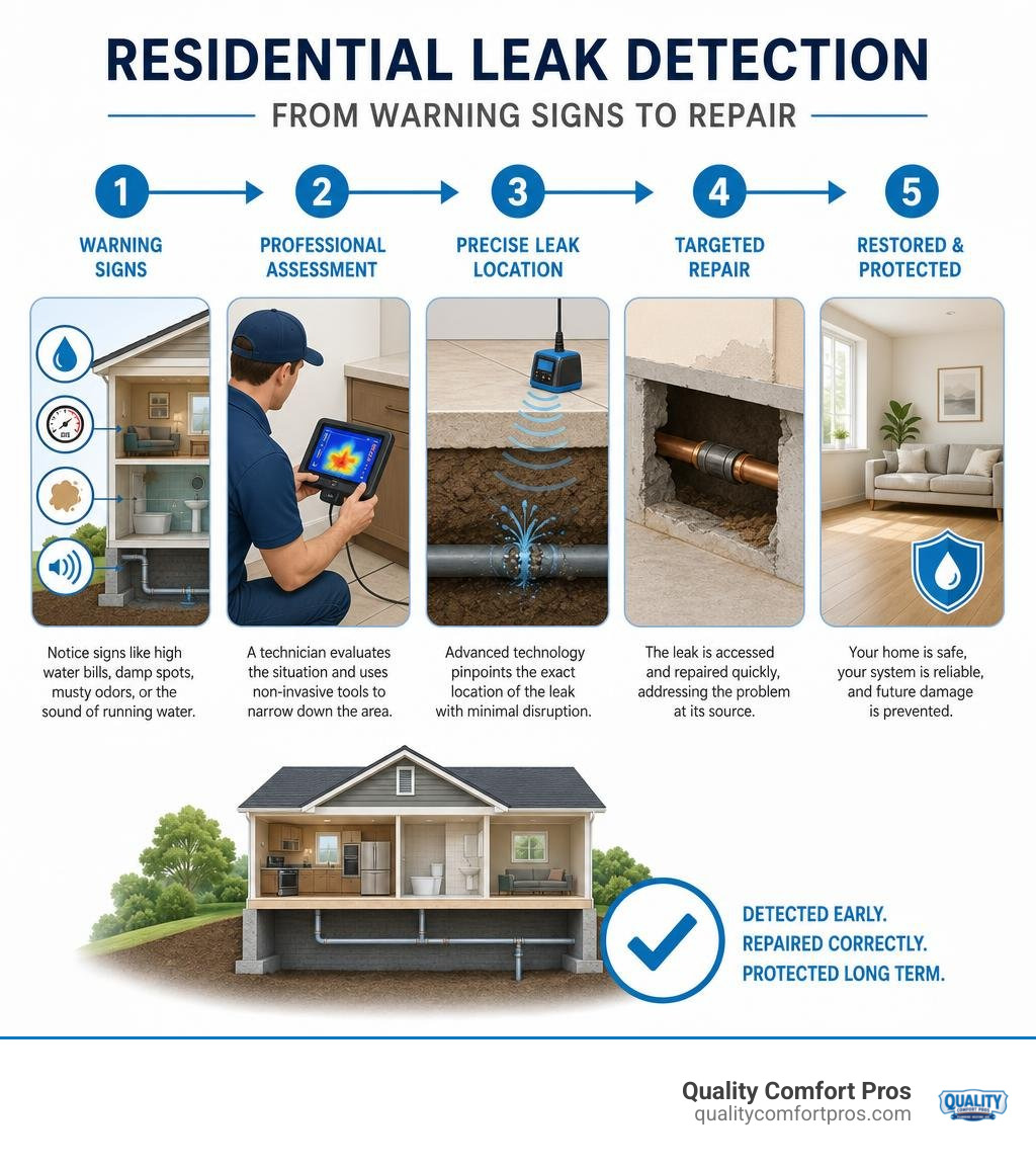 Infographic showing the residential leak detection process from warning signs to repair infographic Infographic showing the residential leak detection process from warning signs to repair infographic