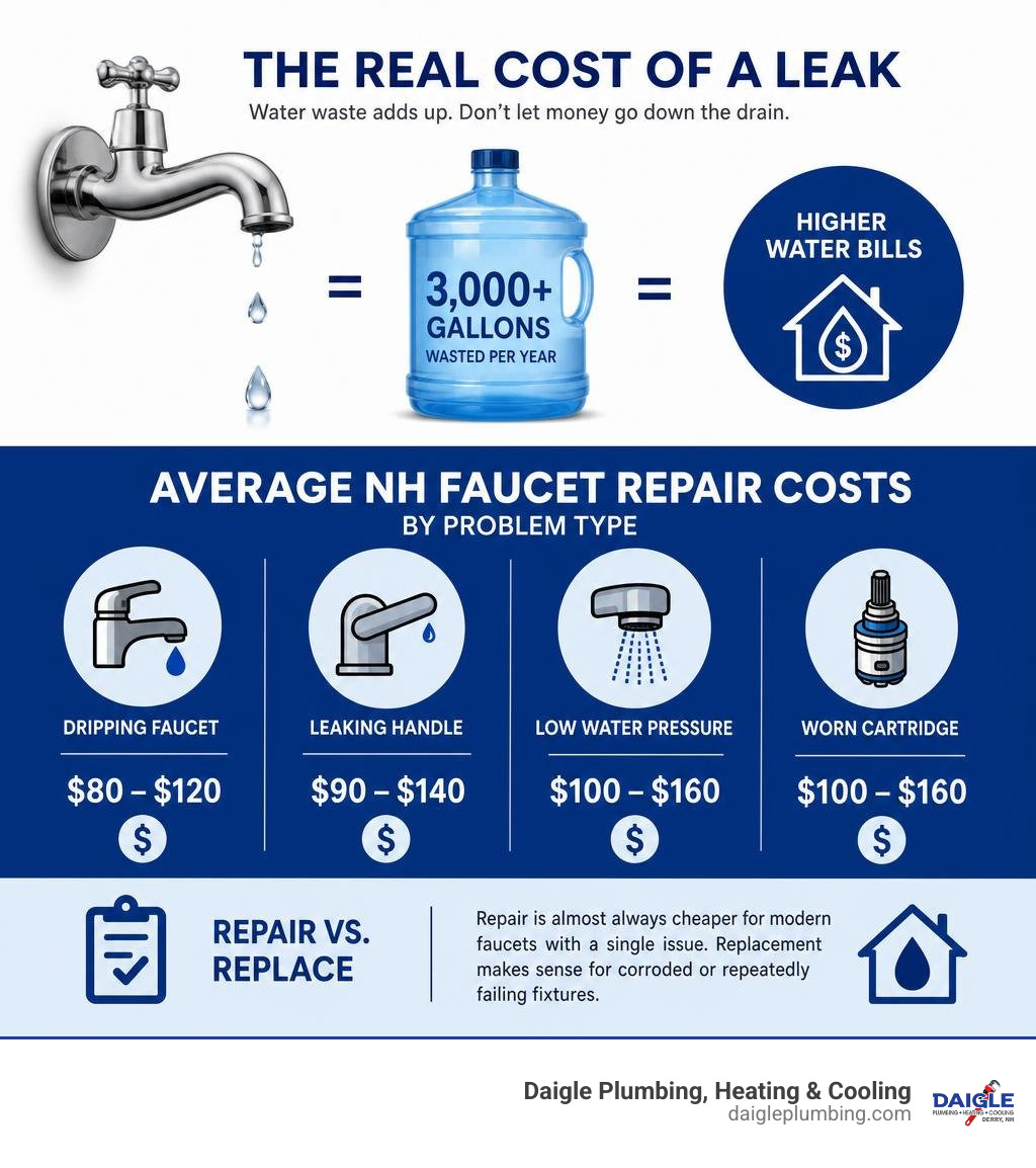 Infographic showing water waste from leaking faucets and average NH faucet repair costs by problem type infographic Infographic showing water waste from leaking faucets and average NH faucet repair costs by problem type infographic