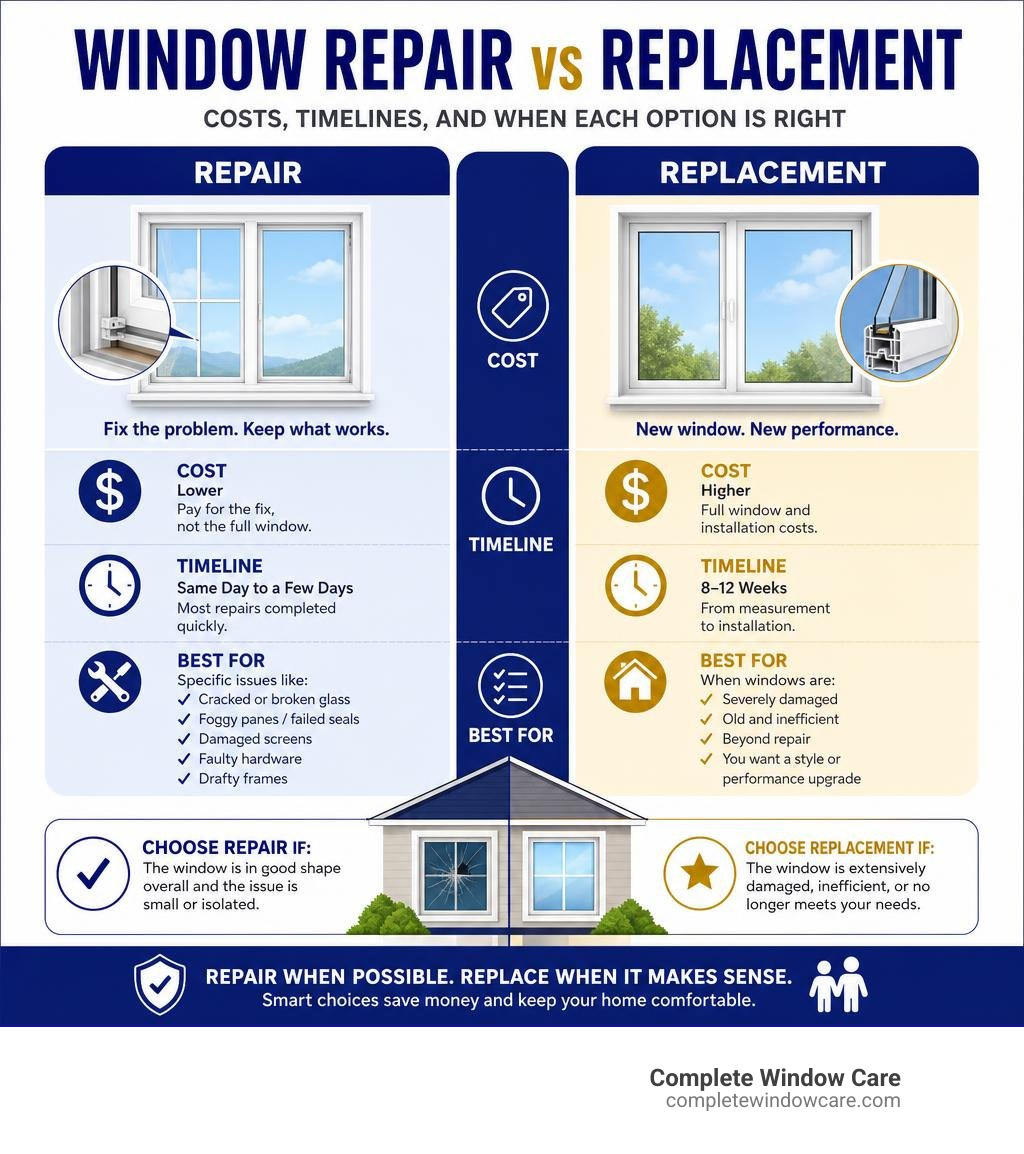 Infographic comparing window repair vs replacement: costs, timelines, and when each option is right infographic Infographic comparing window repair vs replacement: costs, timelines, and when each option is right infographic