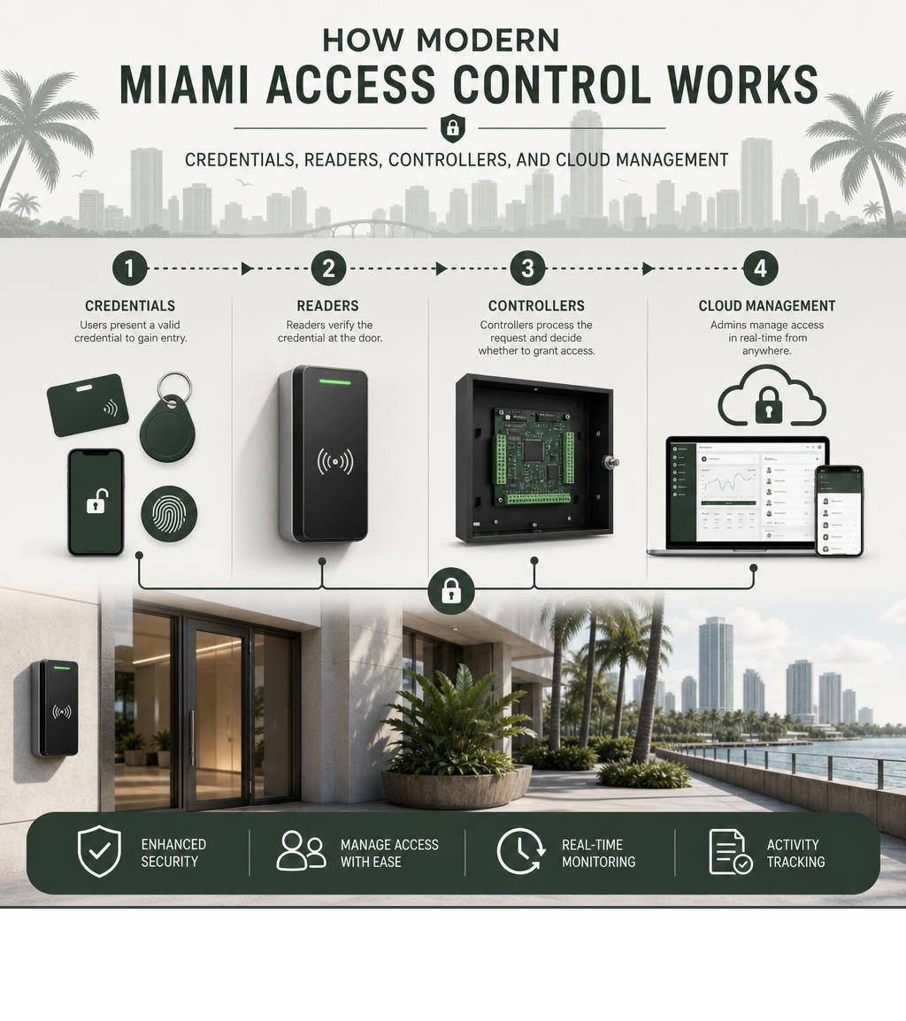 How modern Miami access control works: credentials, readers, controllers, and cloud management infographic